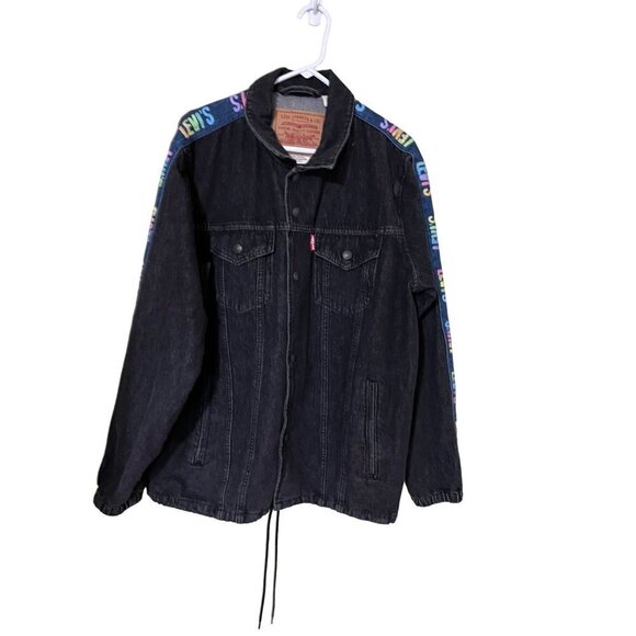 Levis Premium Denim Jacket Womens XL Snap Buttons Unique Colorful Logo Black - Picture 1 of 13